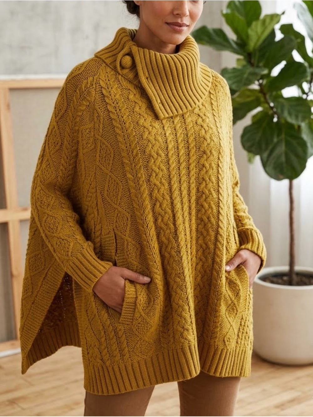 Anthropologie Mustard Cable-Knit Poncho Sweater with Funnel Neck Sz Large